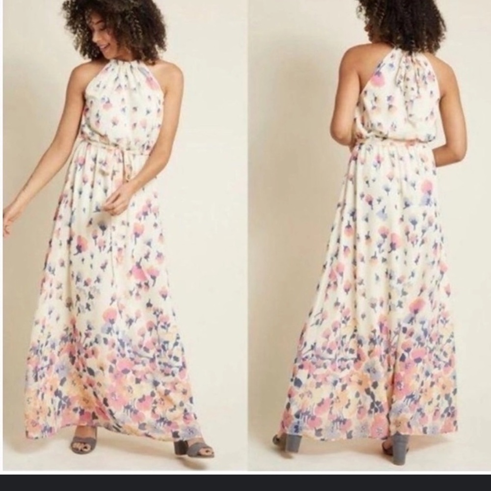 ModCloth IIuminated Elegance shaffon ivory multi floral maxi dress size small